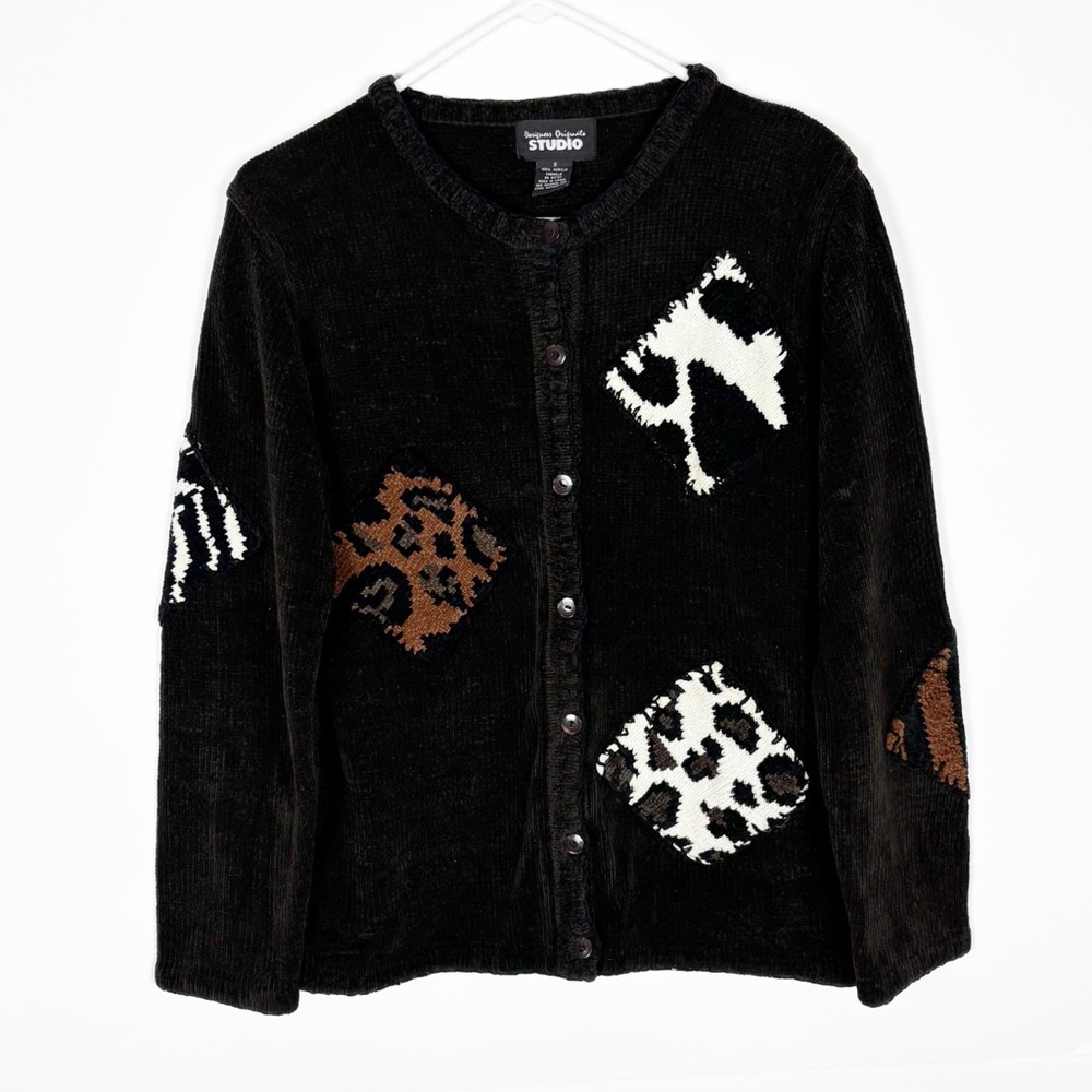 Vintage Designers Originals Studio Cardigan Sweater Chenille Animal Patch Brown - Picture 4 of 4
